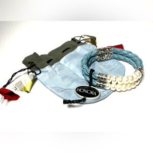 Honora Blue Woven Leather Bracelet with Sterling Silver & Freshwater Pearls